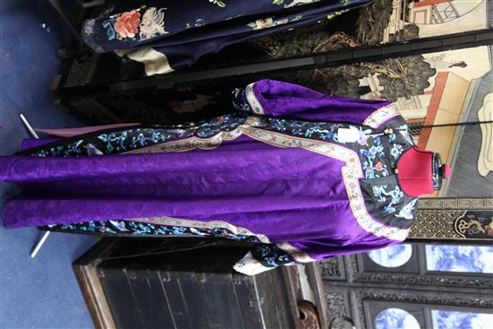 A Chinese embroidered purple satin robe, drop 4ft 6in approx.